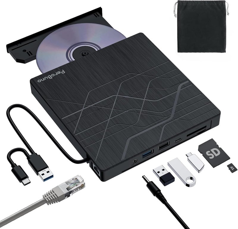 PeroBuno Super External CD DVD Drive, USB 3.0 DVD Burner with Ethernet Adapter, 3 USB and 2 TF/SD Card Ports, CD DVD Player Reader Writer Optical Disk Drive for Laptop MacBook PC Windows 11/10/8/7 Linux Mac OS - Image 1